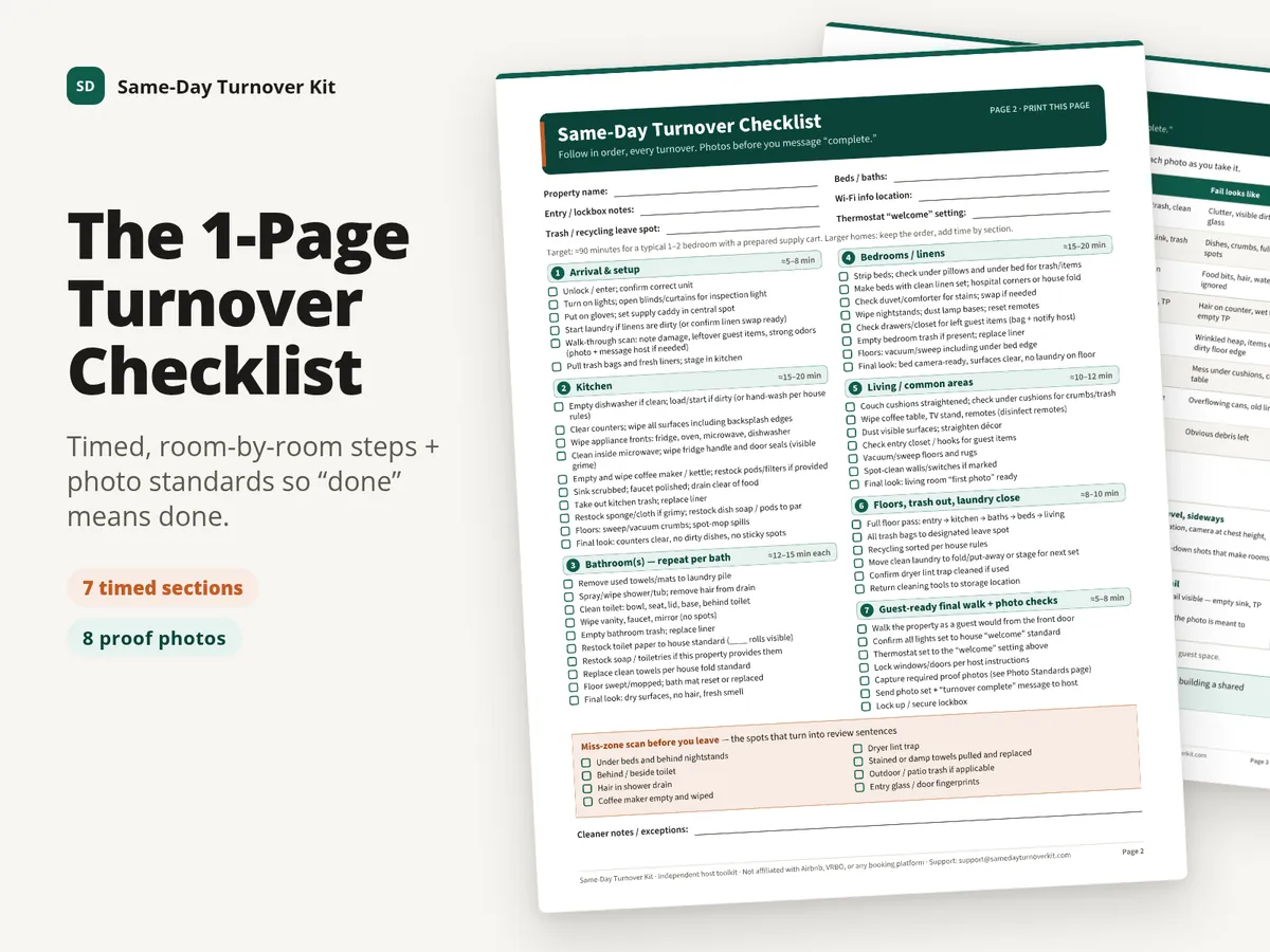 Preview of the 1-page Same-Day Turnover Checklist: seven timed room-by-room sections with checkboxes, from arrival and kitchen to the guest-ready final walk, plus a miss-zone scan.