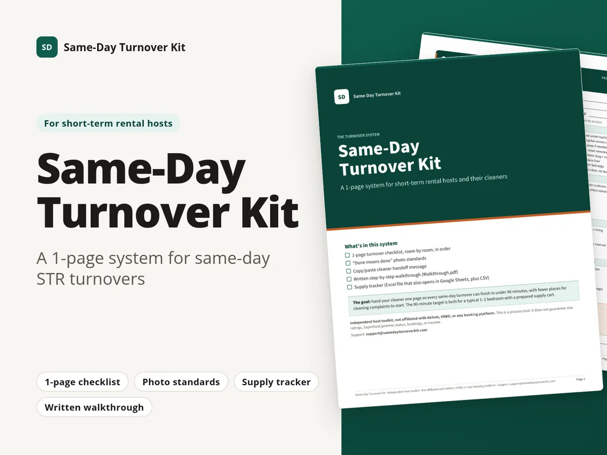 Same-Day Turnover Kit cover: the Turnover System PDF cover page listing the 1-page checklist, photo standards, cleaner handoff message, written walkthrough and supply tracker.