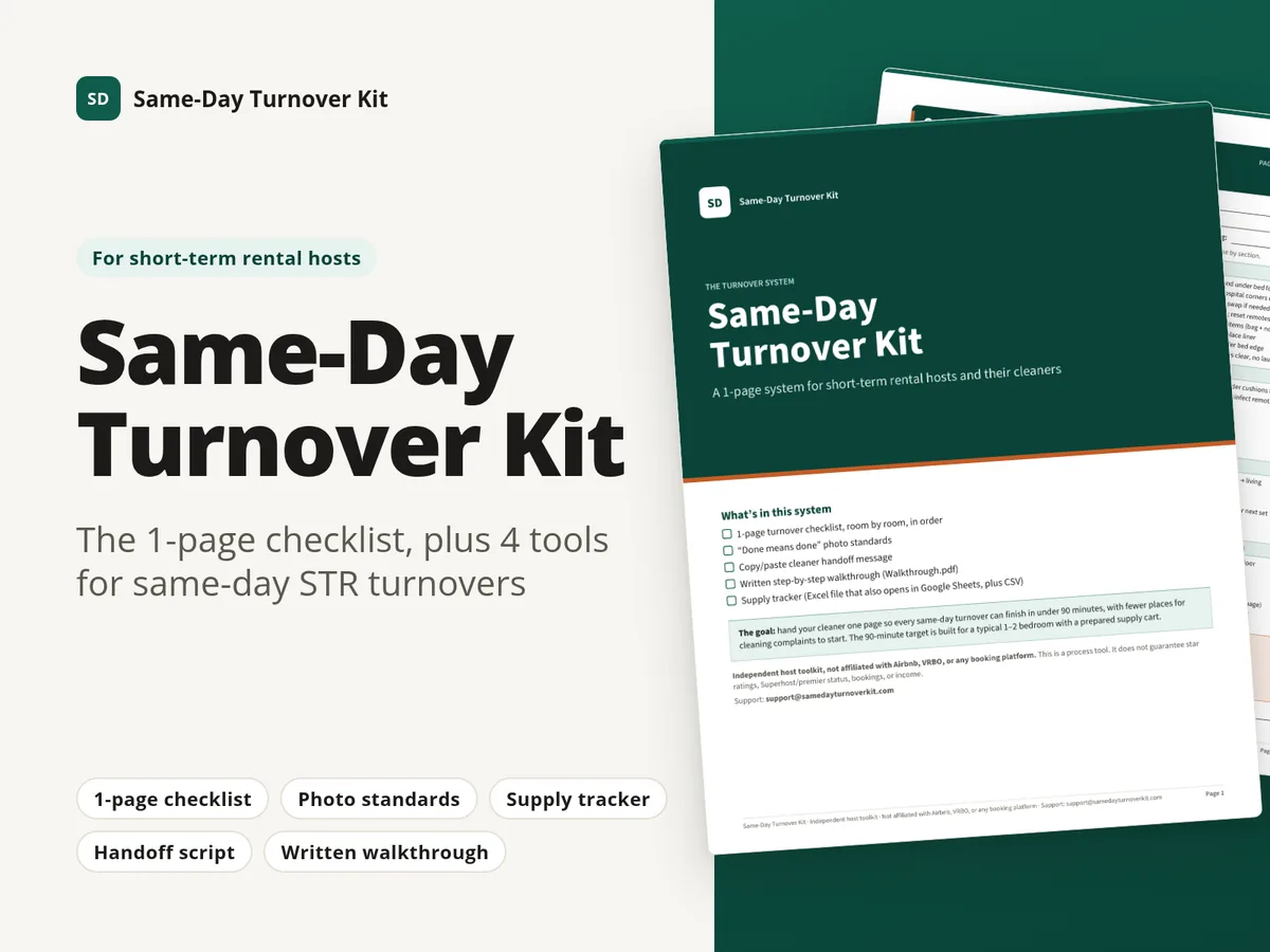 Same-Day Turnover Kit cover: the 1-page checklist plus 4 tools, next to the Turnover System PDF cover page listing the 1-page checklist, photo standards, cleaner handoff message, written walkthrough and supply tracker.