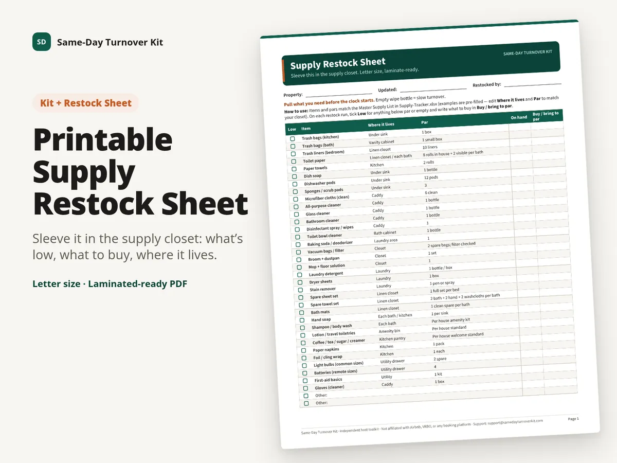 Preview of the Printable Supply Restock Sheet: a letter-size table with Low checkboxes, item, where it lives, par, on hand and buy / bring to par columns.